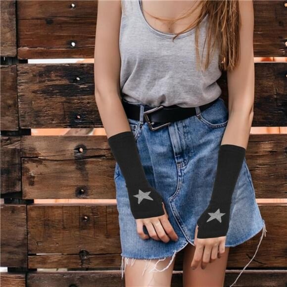 Women Goth Arm Sleeve Goth Arm Warmers Y2k Knitted Fingerless Warm Gloves With - Picture 7 of 8